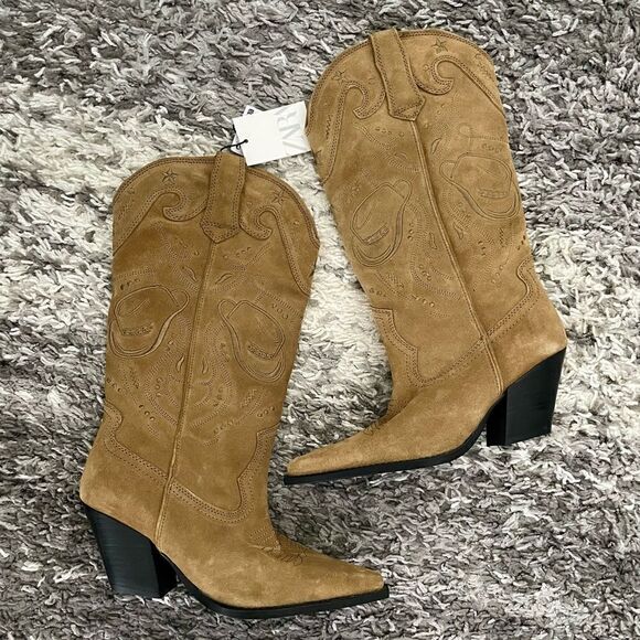 NWT Zara Embroidered Suede Boots - Picture 1 of 12